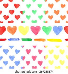 Watercolor artistic colored hearts seamless pattern ,borders set.Hand drawing Baby background,wallpaper,fabric,backdrop.Wedding,valentine day romantic vector,painted texture