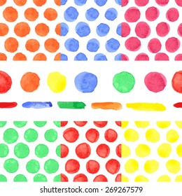 Watercolor artistic colored polka dot seamless pattern ,borders set.Geometric drop,simple point,bright stein.Hand drawing Baby background,wallpaper,fabric,backdrop.Funny  vector,painting texture.