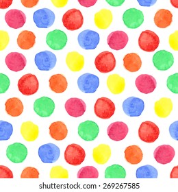 Watercolor artistic colored polka dot seamless pattern.Geometric drop,simple point,bright stein.Hand drawing Baby style background,wallpaper,fabric,backdrop.Funny Vintage vector,painting texture.