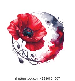 Watercolor artistic drawing red poppy with aquarelle spot. Beautiful art pattern. Painted poppy flower. Water color ornamental modern design for cars, prints, fabric. Isolated flower on white backdrop