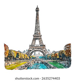 Watercolor Artistic Eiffel Tower Paris Landmark Scenic Travel Destination
