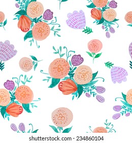 Watercolor artistic flowers pattern. Seamless hand painted texture with floral bouquetes. Vector background.