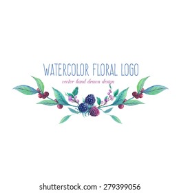 Watercolor artistic wild berries logo. Hand drawn floral frame text with natural elements: blue and black berries, leaves, branches. Vector vintage label design