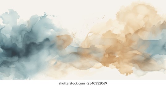 Trabalho artístico em aquarela de mistura de tons azuis e beges. Design minimalista com traçados suaves e transições sutis de cores. Composição abstrata de tranquilidade e beleza, para interior contemporâneo 