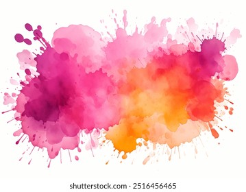 Watercolor artwork of vibrant pink and orange paint splash on white background, visually striking appearance. Vector illustration of bright pink and orange watercolor splash 