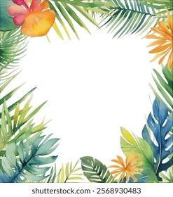 Watercolor artwork of vibrant tropical floral design. Vector illustration with colorful leaves and flowers, a lush and captivating foliage frame. Blend of tropical hues and intricate botanical details