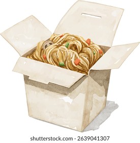 Watercolor Asian wok noodles with vegetables in cardboard box vector