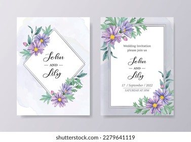 Watercolor Aster flower light blue background wedding invitation card template