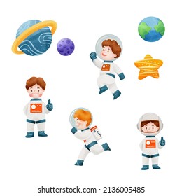 watercolor astronaut children. Kids astronauts funny rocket cartoon set illustration vector