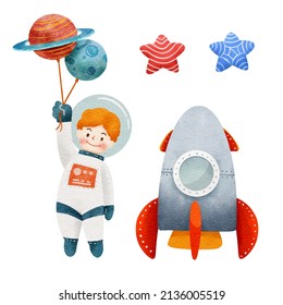 watercolor astronaut children. Kids astronauts funny rocket cartoon set illustration vector