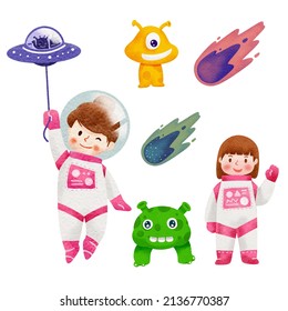 watercolor astronaut girl children and  alien funny cartoon set illustration vector