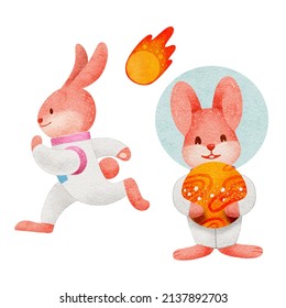 watercolor astronaut rabbit funny cartoon set illustration vector