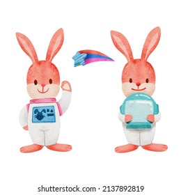 watercolor astronaut rabbit funny cartoon set illustration vector