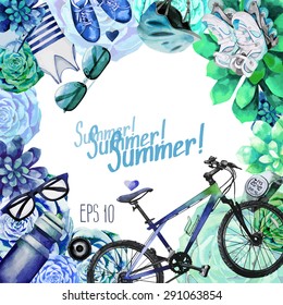 Watercolor attributes for active summer. Vector design 