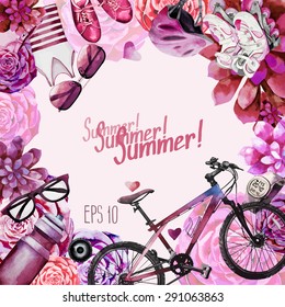 Watercolor attributes for active summer. Vector design 