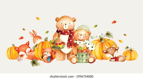 Watercolor Autumn Animals With Pumpkin And Leaves