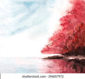 watercolor autumn background with red trees and lake water. vector illustration