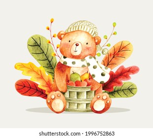 Watercolor autumn bear with apple basket