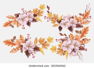 Herbstbouquets mit Blättern und Akkorden in Aquarellfarben