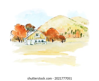 Watercolor autumn bright hand draw vector illustration with trees, meadow, mounains and house. Designin golden colors for print, gift card, banner, poster