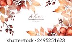 watercolor Autumn, Fall, Harvest Day background with beautiful watercolor leaves and berries. Horizontal border of leaf fall. Vector illustration