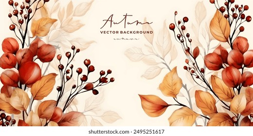 watercolor Autumn, Fall, Harvest Day background with beautiful watercolor leaves and berries. Horizontal border of leaf fall. Vector illustration