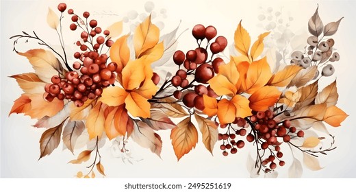 Acuarela Otoño, Otoño, Día de la Cosecha de fondo con hermosas hojas de acuarela y bayas. Borde Horizontal de la caída de la hoja. Ilustración vectorial