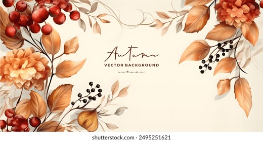 Acuarela Otoño, Otoño, Día de la Cosecha de fondo con hermosas hojas de acuarela y bayas. Borde Horizontal de la caída de la hoja. Ilustración vectorial