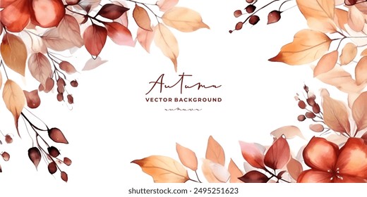 watercolor Autumn, Fall, Harvest Day background with beautiful watercolor leaves and berries. Horizontal border of leaf fall. Vector illustration