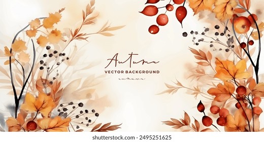 watercolor Autumn, Fall, Harvest Day background with beautiful watercolor leaves and berries. Horizontal border of leaf fall. Vector illustration