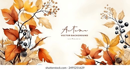 watercolor Autumn, Fall, Harvest Day background with beautiful watercolor leaves and berries. Horizontal border of leaf fall. Vector illustration