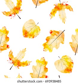 Watercolor autumn fallen leaves seamless pattern. Vector hand drawn illustration.