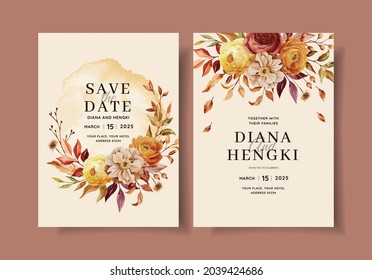 plantilla de tarjeta de invitación de boda floral acuarela otoño