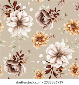 Watercolor autumn flower and leaves seamless pattern
