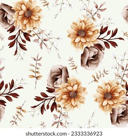 Watercolor autumn flower and leaves seamless pattern