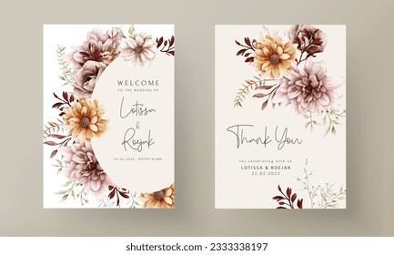 Watercolor autumn flower and leaves wedding invitation template