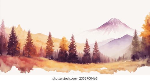 Aquarell Herbstwaldlandschaft Hintergrund. Schöne Aquarelllandschaft mit Bergen und Wäldern.Aquarellfarbene Herbstgrafik für Landschaftshintergrund und Herbsttapeten.