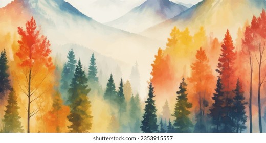 Watercolor autumn forest landscape background. Beautiful watercolor autumn nature landscape with mountains and forest.Watercolor illustration design for  autumn landscape background and wallpaper.