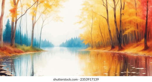 Watercolor autumn forest landscape background. Beautiful watercolor autumn nature landscape with mountains and forest.Watercolor illustration design for  autumn landscape background and wallpaper.