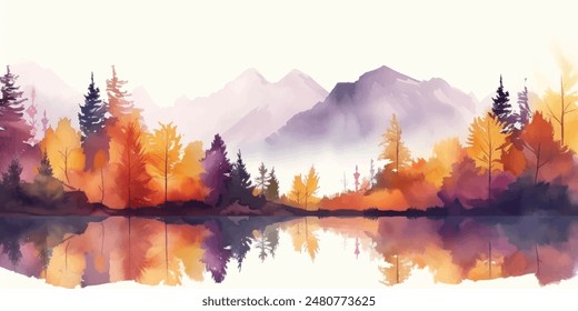 Watercolor Autumn forest landscape background. Beautiful watercolor nature landscape with mountains and forest.Watercolor Autumn illustration design elements for landscape background and wallpaper.