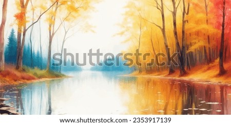 Watercolor autumn forest landscape background. Beautiful watercolor autumn nature landscape with mountains and forest.Watercolor illustration design for  autumn landscape background and wallpaper.