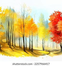 Cuadros otoñales ilustración vectorial forestal, pintura de otoño abstracta, fondo de arte natural hermoso, follaje amarillo y rojo brillante