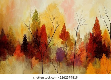 Watercolor autumn forest vector illustration, abstract fall season painting, beautiful nature art background, yellow and red bright foliage