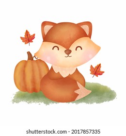 Watercolor Autumn fox and pumpkin
