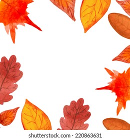 Watercolor autumn frame. Hand painted card background with yellow leaves, apple and acorns.