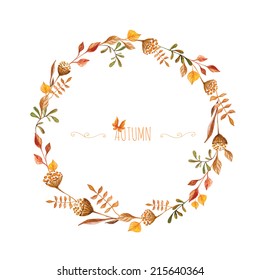 Watercolor autumn frame. Wreath made of hand drawn  autumn leaves and flowers. Greeting card or Invitation