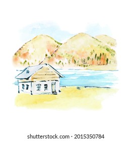 Watercolor autumn hand draw vector illustration with trees, lake, mounains and house. Romantic landscape. Nature background. Design for print, postcard, banner, poster