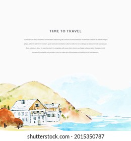 Watercolor autumn hand draw vector illustration with sea, mounains and houses. Travel template frame for invitation, poster, flyer, banner, card. Place for message