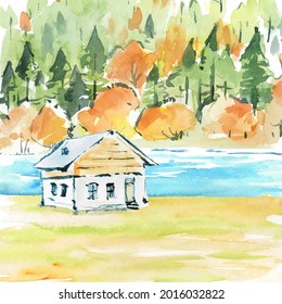 Watercolor autumn hand draw vector illustration with forest, river and house. Romantic landscape. Nature background. Design for print, poster, postcard, banner