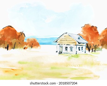 Watercolor autumn hand draw vector illustration with houses, trees and sea. Travel illustration for poster, banner, card. All elements, textures are individual objects